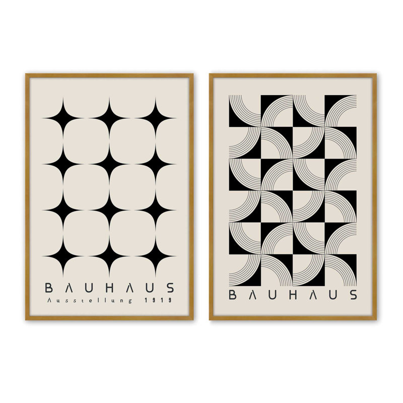 «Bauhaus» à motifs, ensemble de 2 impressions dans un cadre, Cadre doré poli, H 15,5 po x l 23,5 po x P 1,25 po