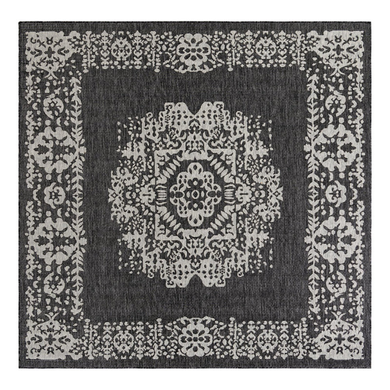 Cowart Oriental Charcoal Gray Area Rug, Square 6'1"