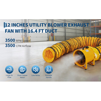 12 Inches 3500 CFM Utility Blower Exhaust Fan With 16.4 FT Duct 3500 r/min Heavy Duty Blower Fan High Velocity Low Noise For Workshops Confined Space Yellow