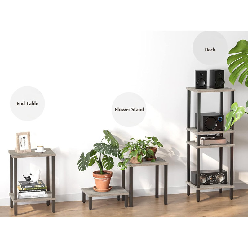 Greige and Black Metal 2-Tier End Table Set