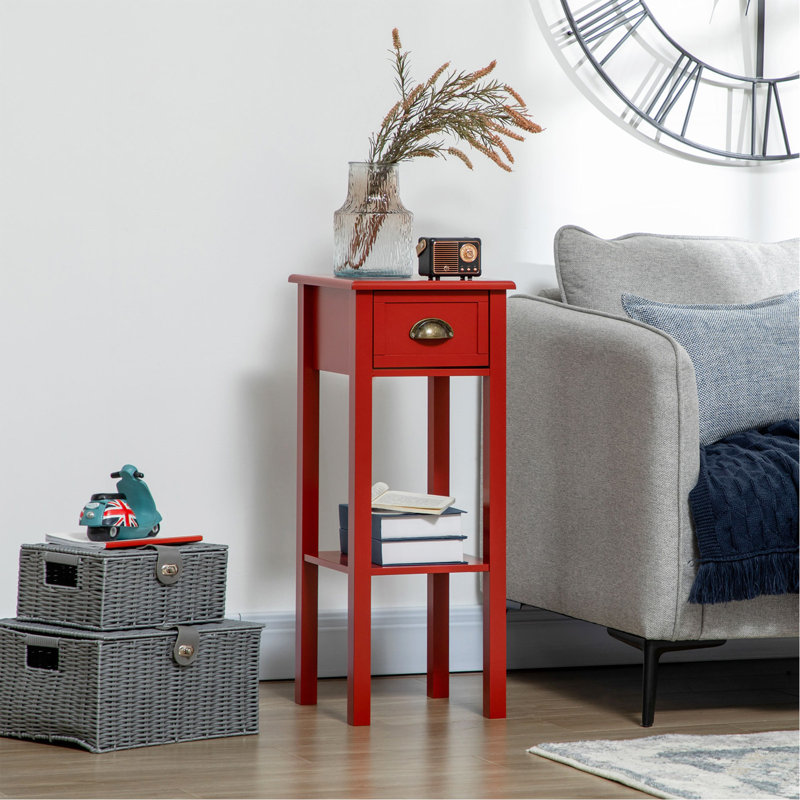 Table d'appoint à 2 niveaux avec tiroir, table de bout étroite avec tablette inférieure, pour le salon ou la chambre à coucher, rouge
