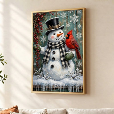 Snowman with Top Hat in Snow Gold Christmas Floater Framed Canvas Wall Art 24" W x 36" H
