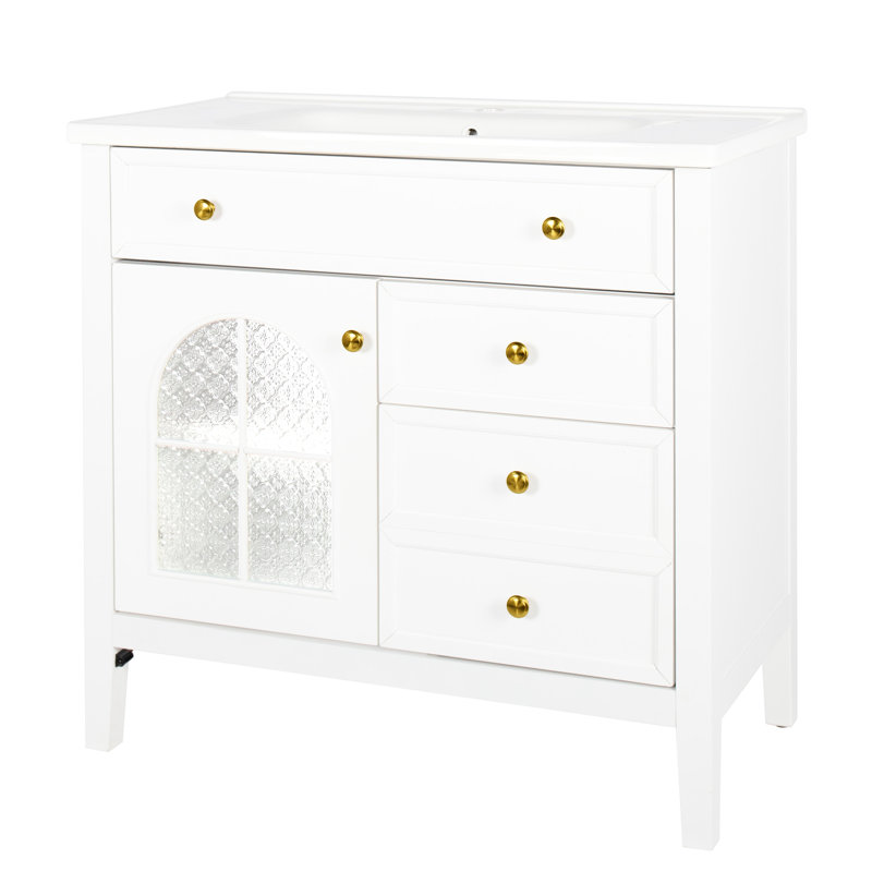 Lavabo de salle de bain autoportant 35,6 po avec lumières activées par le mouvement et le verre, meuble-lavabo à tablette réglable intégré blanc, verre, éclairage à capteur automatique, tiroir rabattable, espace de rangement