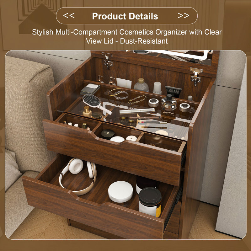 Coiffeuse 3 en 1 avec miroir lumineux rabattable et tabouret de rangement, table de maquillage compacte pour chambre, salle de bain ou dressing (23 po L)