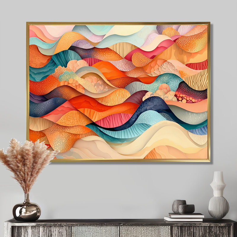 Nylin, «Danse chromatique du Biomorphisme II», art abstrait de vagues modernes, H 12 po x l 20 po, Cadre flottant, Doré