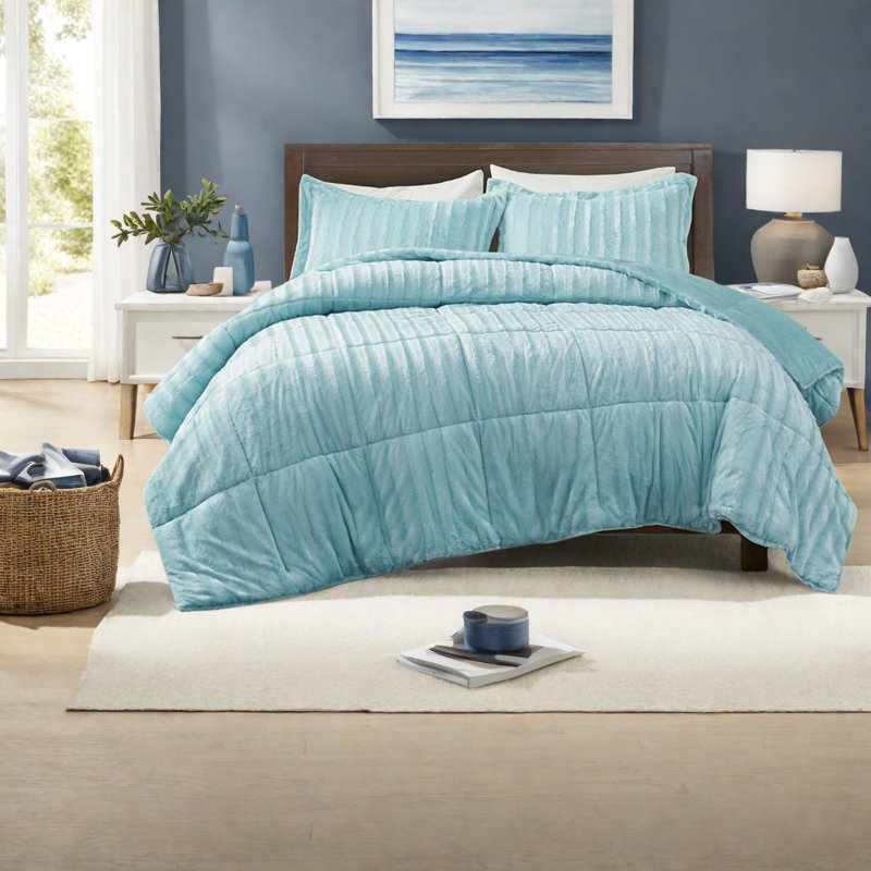 Ensembles de literie en polyester bleu sarcelle, édredon en fausse fourrure moderne avec taies décoratives pour la maison