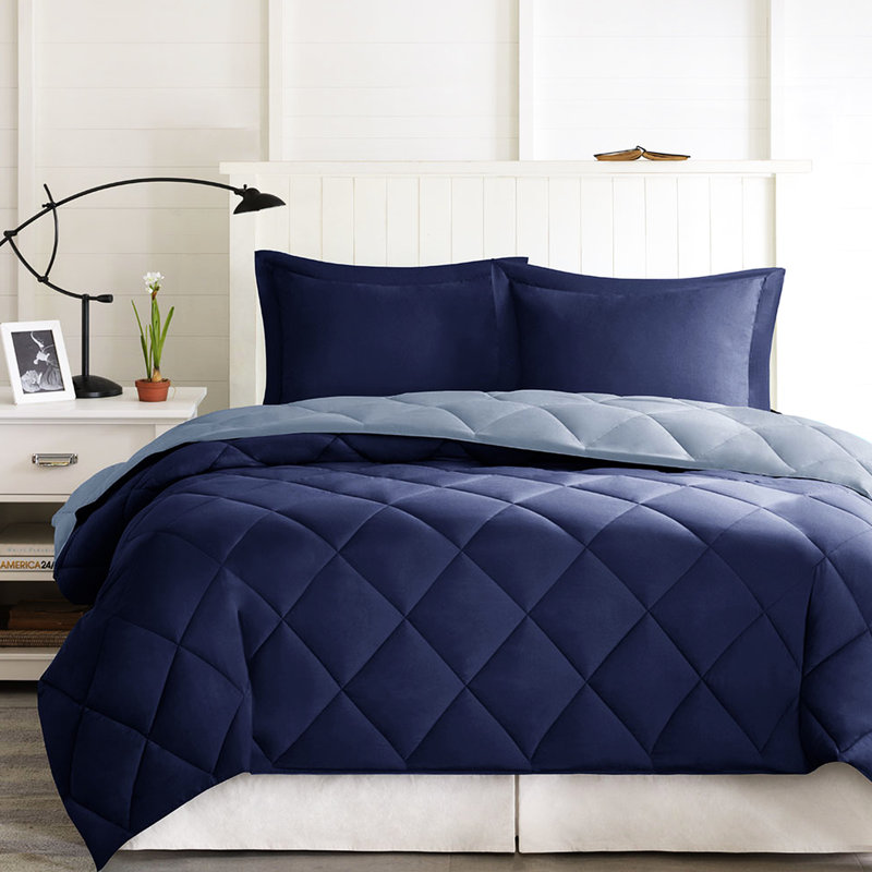 Twin/twin Xl 3m Comforter With Filling And Flange Navy+ Blue Chiffon Shams, Navy/Light Blue, Twin/Twin XL Comforter + 2 Shams