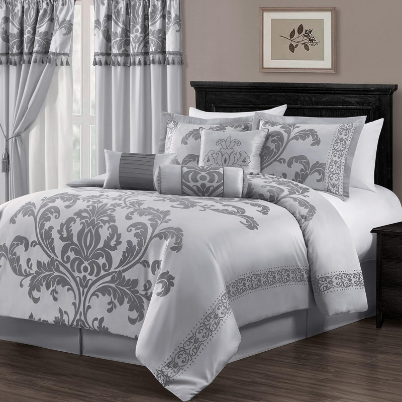 Royale Jacquard Floral 7 Piece Comforter Set, Silver/Gray, Oversized Queen Comforter + 6 Additional Pieces