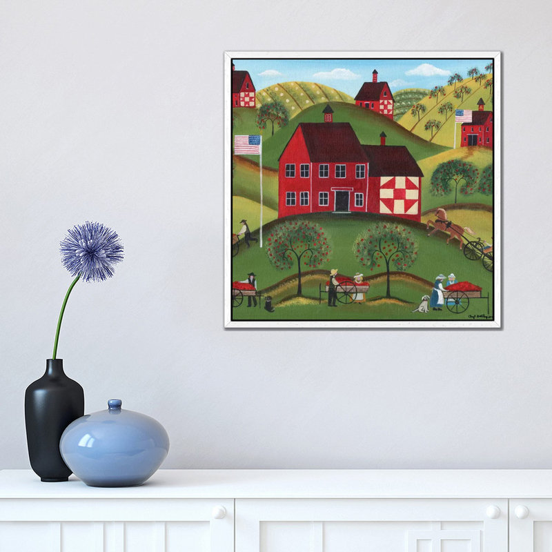 Primitive Americana Red Apple Barn by Cheryl Bartley - Print on Canvas, 45.72 cm H x 45.72 cm W, White Framed