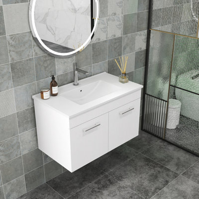 Meuble-lavabo mural 32 po avec lavabo, charnières à fermeture en douceur et finition blanche brillante pour les salles de bain modernes