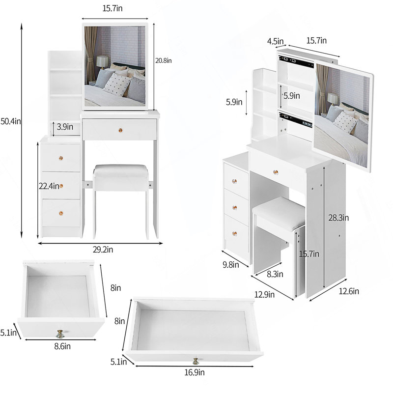 Compact 29.2-Inch Vanity Table Set With Cushioned Stool And Sliding Mirror, Multi-Layer Storage For Small Spaces, White