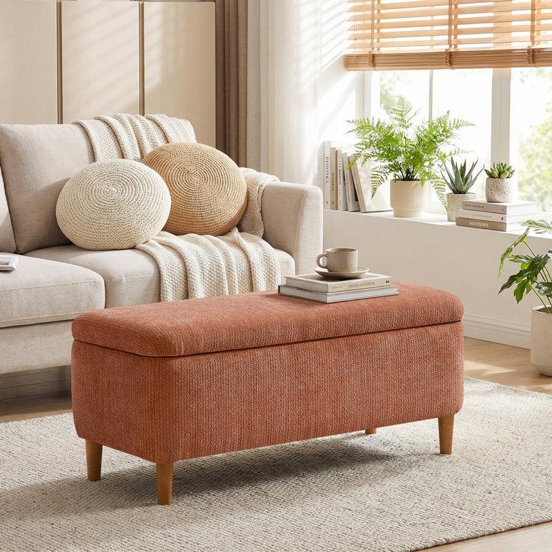 Polyester Upholstered Storage Bench, Orange