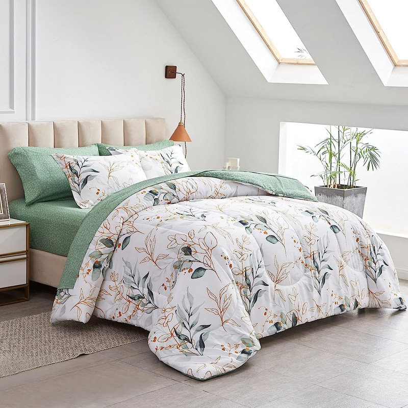 Green and Gold Botanical Microfiber Queen Bed in a Bag Set
