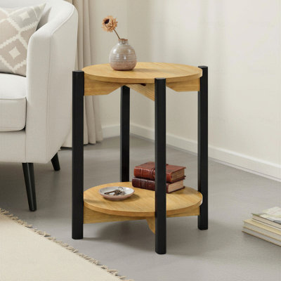 Table d'appoint ronde avec tablette inférieure ouverte, fini chêne, mobilier de salon