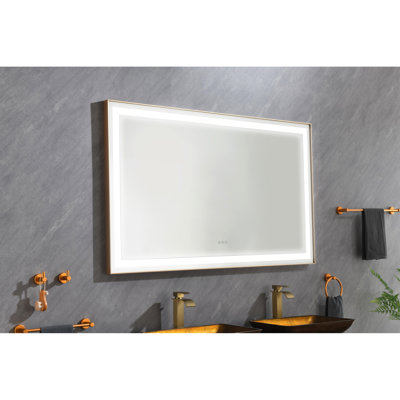 Miroir de salle de bain 60 po x 36 po à DEL, brouillard, 3 couleurs disponibles, gradation continue, fixation murale, cadre en aluminium dans un miroir doré brossé 60 options de couleurs de 36 po, cadre, finition