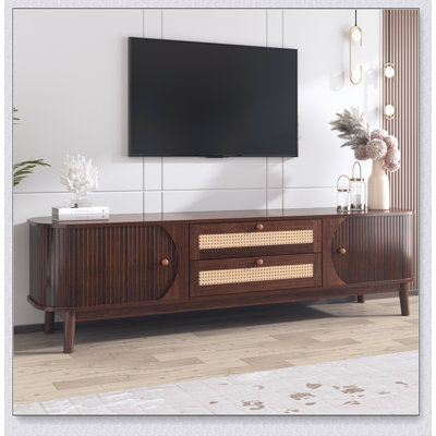 Rattan TV Stand for TVs up to 75'', Modern Farmhouse Media Console, Entertainment Center with Solid Wood Legs, TV Cabinet for Living Room,Home Theatre