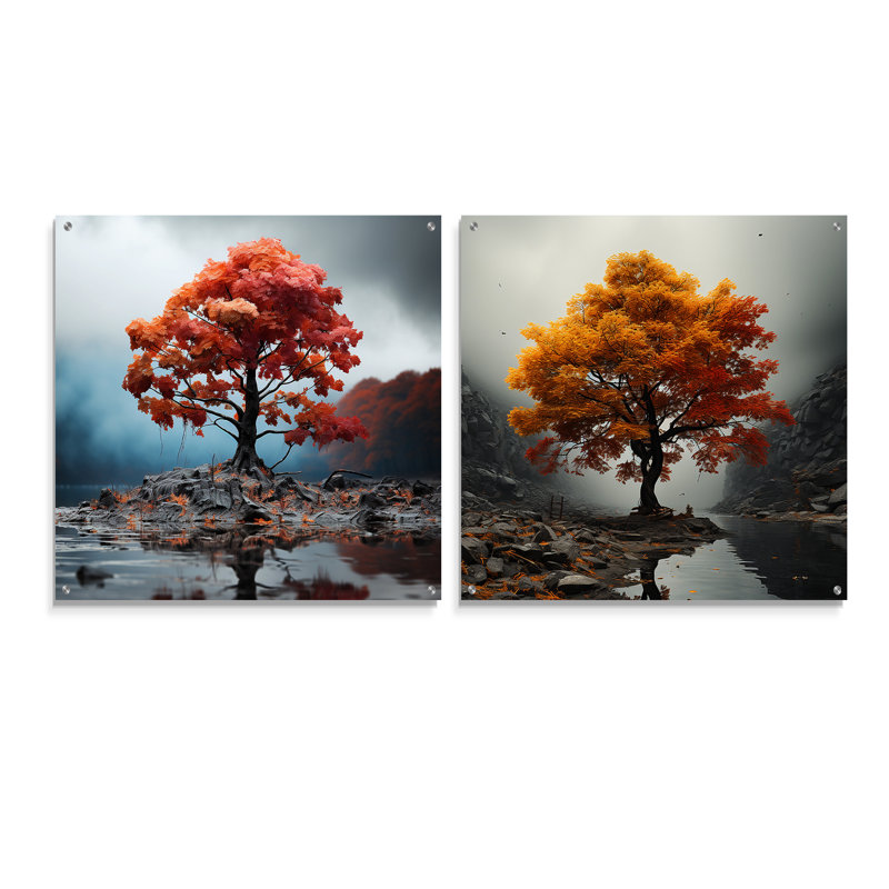 «Abstract Foliage Maple Tree» - ensemble d'art mural en verre acrylique, H 16 po x l 33 po