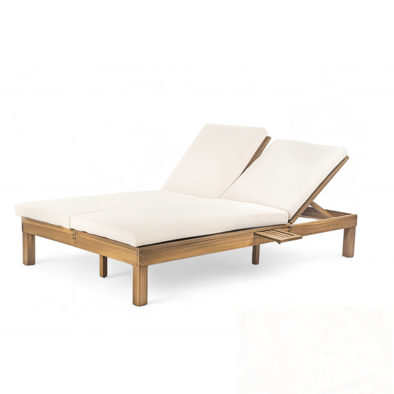 Adjustable Backrest Double Chaise Lounge with Thick Cushions, Natural