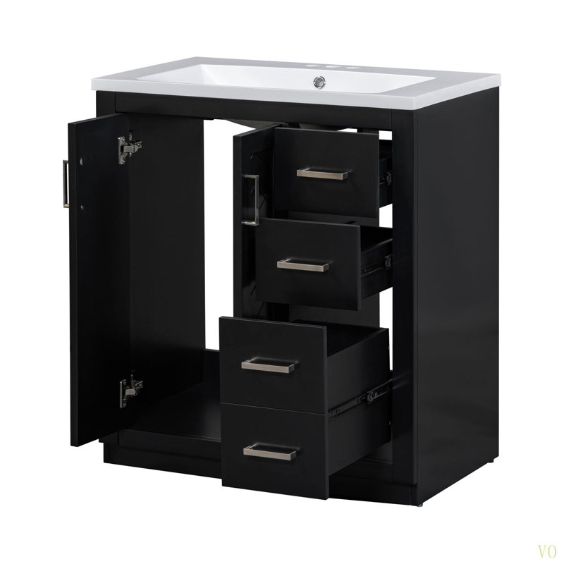 Ensemble de meuble-lavabo 30 po avec lavabo en résine, armoire de rangement en bois massif, ensemble de meuble-lavabo autoportant avec 3 tiroirs et portes à fermeture douce