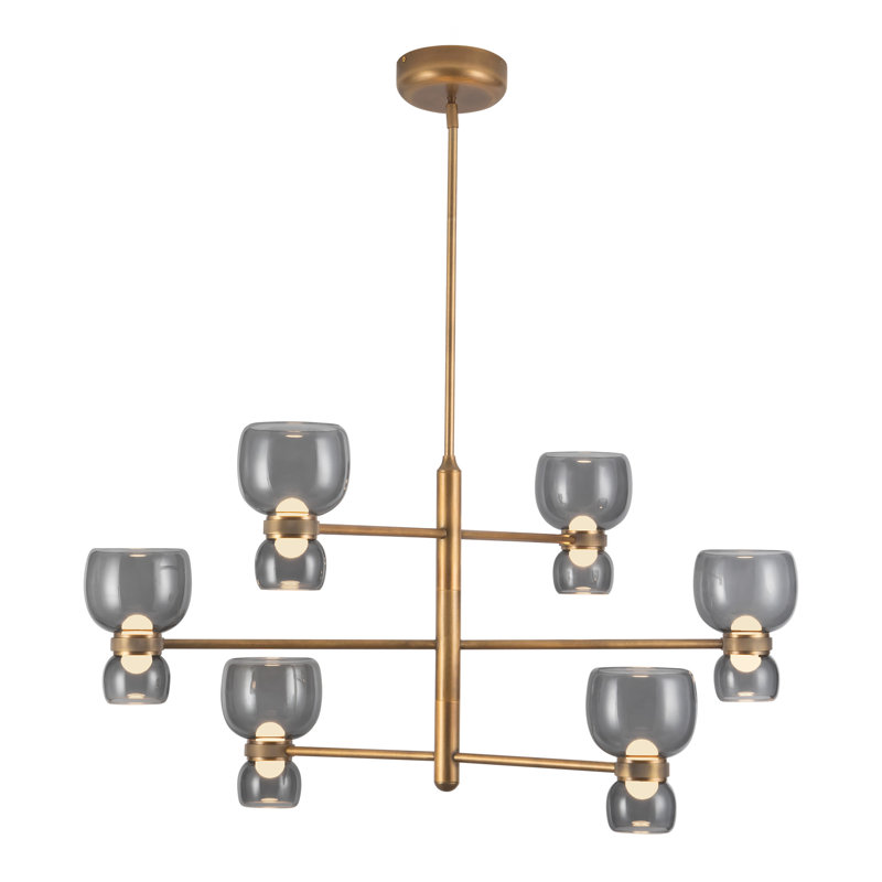 Sutton 36-in Black dimmable LED Chandelier, Smoked Glass, Antique Brass