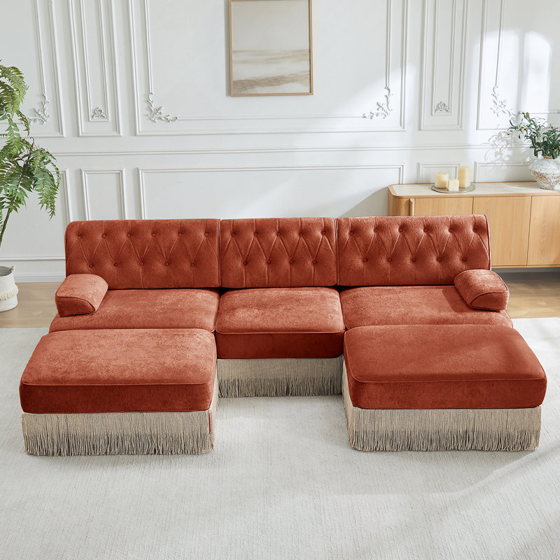 Canapé Chesterfield en U en velours, H 34,2 po x l 106,1 po x P 60,3 po, Brun rouge