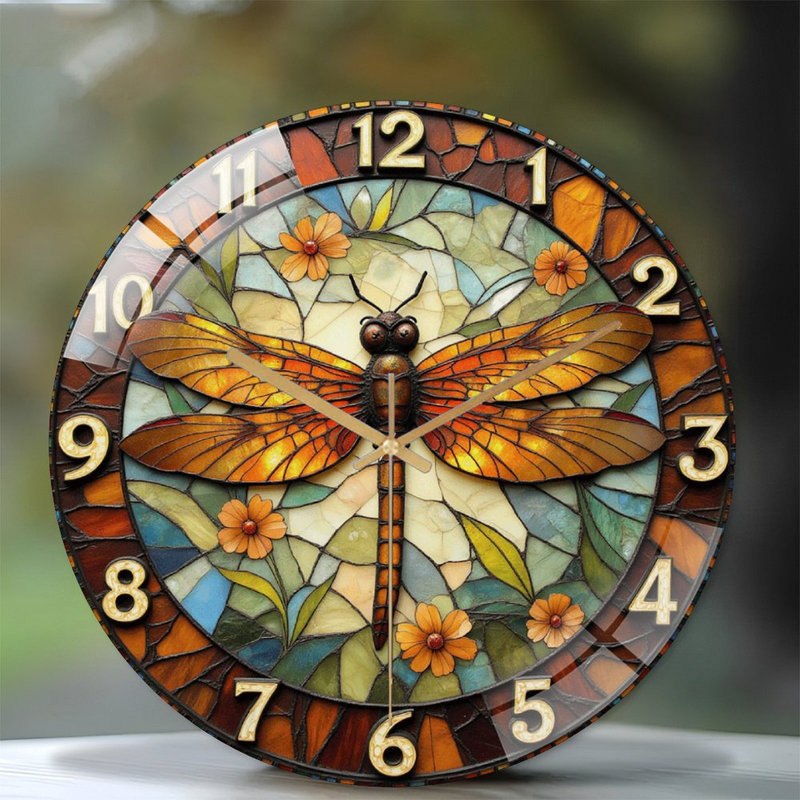 Stained Glass Dragonfly Wall Clock Decorative Art Art - 12'' Modern Glass Wall Clock