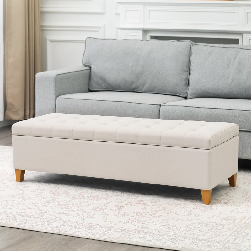 Katonia Linen Blend Upholstered Storage Bench, White