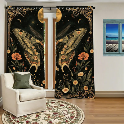 2Pcs Celestial Butterfly Blackout Curtains, Vintage Botanical Moon Drapes, Room Darkening Window Panels for Bedroom Living Room Home Decor