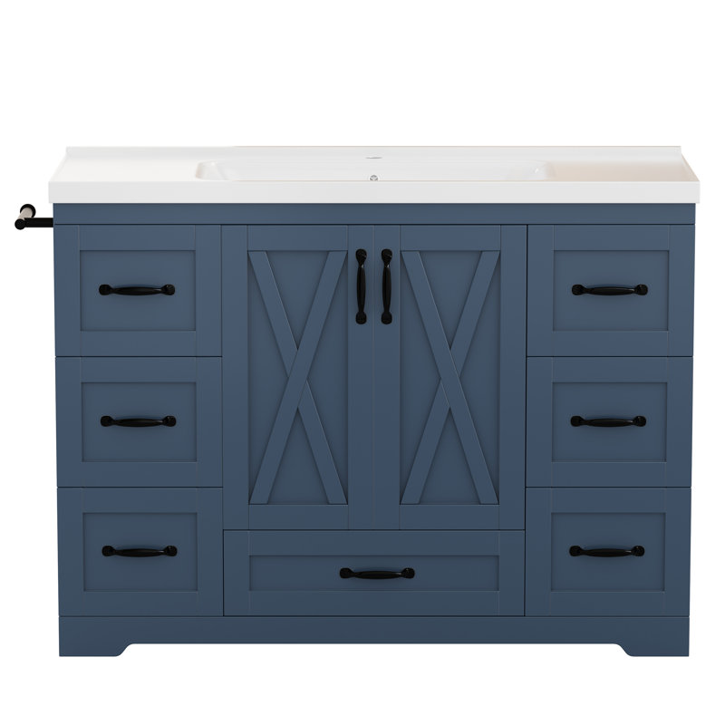 Meuble-lavabo de 48 po avec lavabo, meuble de salle de bain autoportant bleu marine avec plateau en céramique, dosseret, 7 rangements