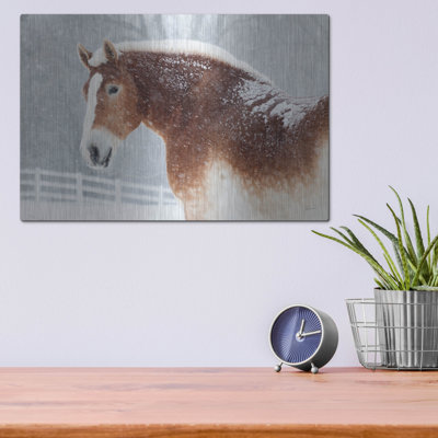 Art mural en métal luxueux «Snowy Duck Horse» par Sue Schlabach, 16 po x 12 po