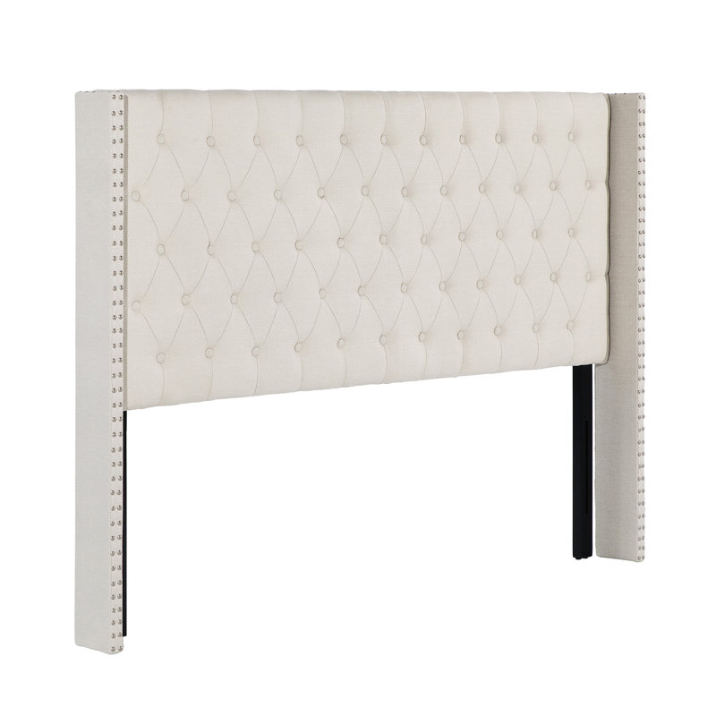 Tufted Wingback Upholstered Headboard with Nailhead Trim, Ivory-Linen, Queen