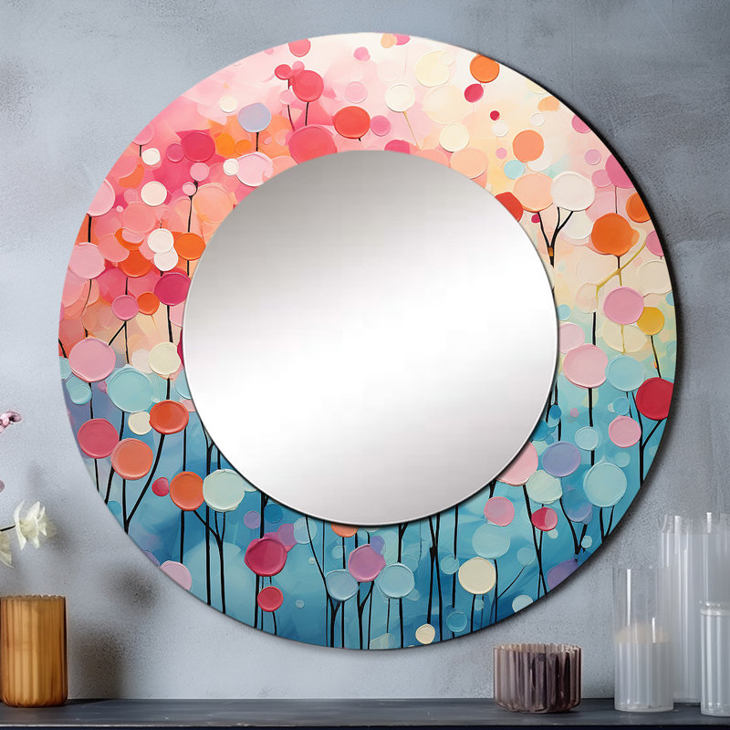 Cotton Candy II - grand miroir de paysages, décor de miroir mural rond unique moderne, impression d'art en métal