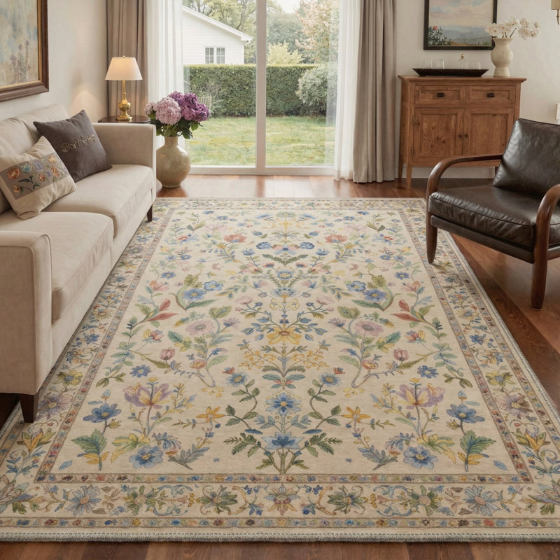 Allsop Verdant Floral Machine Washable Beige / Green / Blue Indoor Area Rug with Non-Slip Backing, Rectangle 9' x 12'