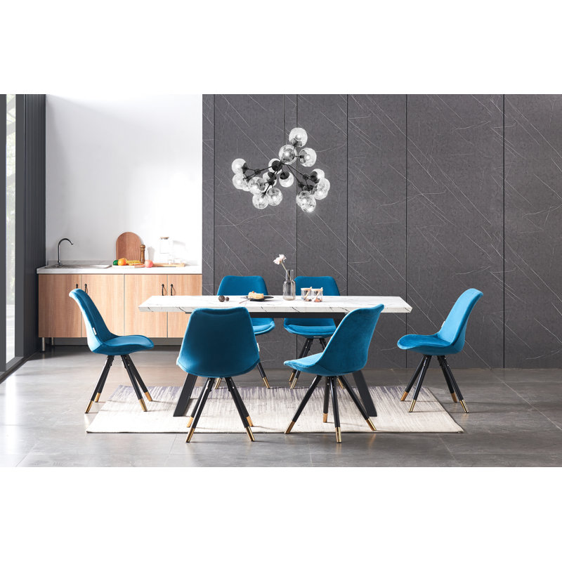 Grizelda 6 Person Dining set - a Rectangular Extendable Dining Table with Metal Legs and a Set of 6 Quilted Velvet Dining Chairs for Dining Room - Modern Dining Table Set