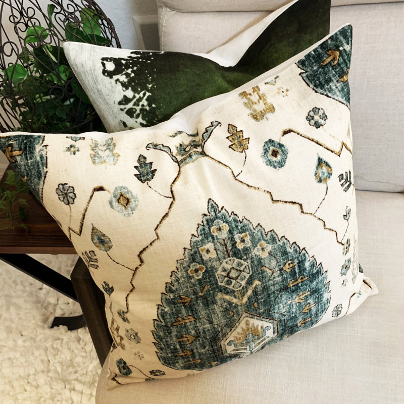 Mina Green and Cream Cotton Block Print Throw Pillow