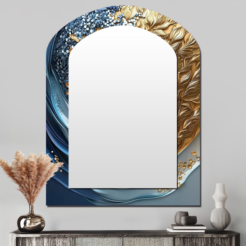 Bleu et or Cosmic Ink Dance I - Grand miroir mural arqué sur métal, 43 po x 33 po