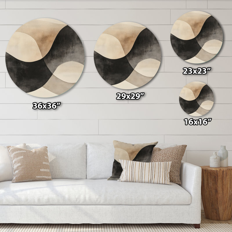 «Black Minimal Curves - Abstract Shapes Large Round», art mural en métal, L 36 po x H 36 po