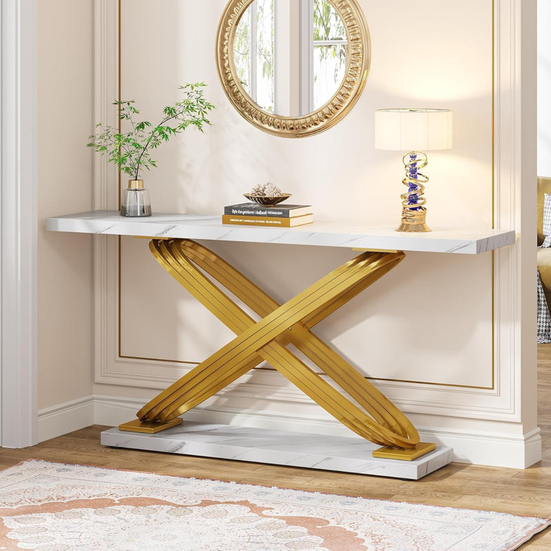55 Inch Modern Console Table, Gold Entryway Table Behind Sofa Couch, Narrow Rectangular Sofa Table For Living Room, Bedroom, Front Hall, Hallway, Gold & White