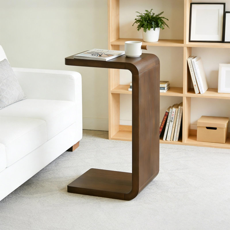 Table d'appoint en bois massif en forme de C, à glisser sous le canapé, idéale pour le salon et la chambre.