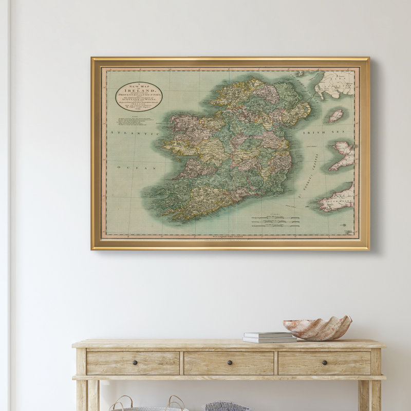 Carte de l’Irlande vintage-impression d’art graphique sur toile encadrée, H 22,5 po x l 30,5 po x P 1,5 po, Encadrement doré
