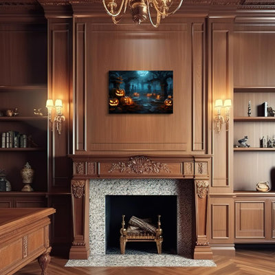 Vandlux Halloween décoration de la maison bleu foncé Spooky Tomb toile art souriant lanterne citrouille effrayante encadrée affiche décor pour le salon chambre 30 x 20 po