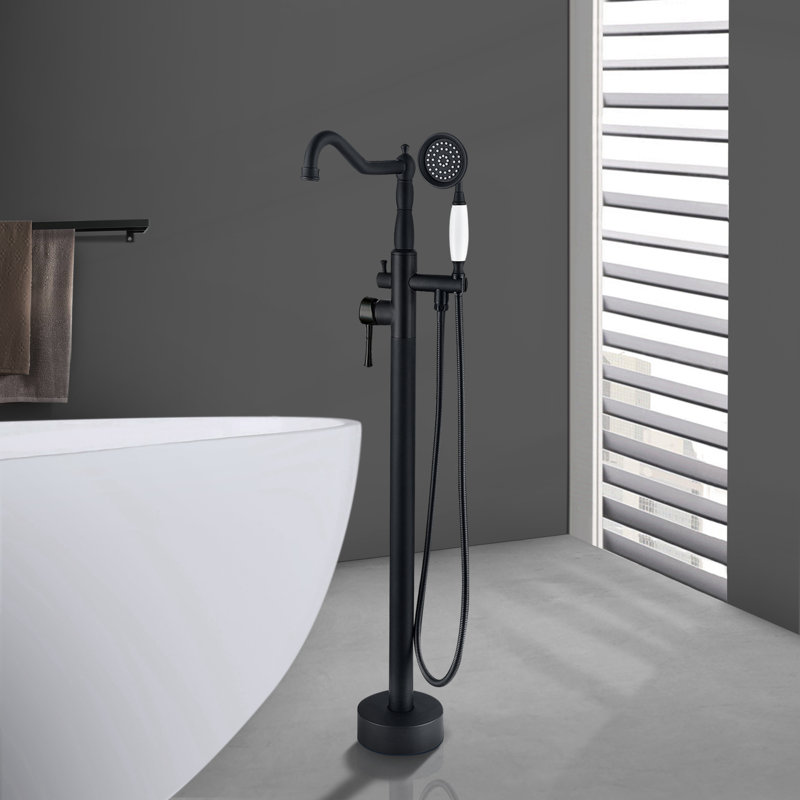 Robinet de baignoire autoportant à poignée simple classique avec douche à main, Noir mat