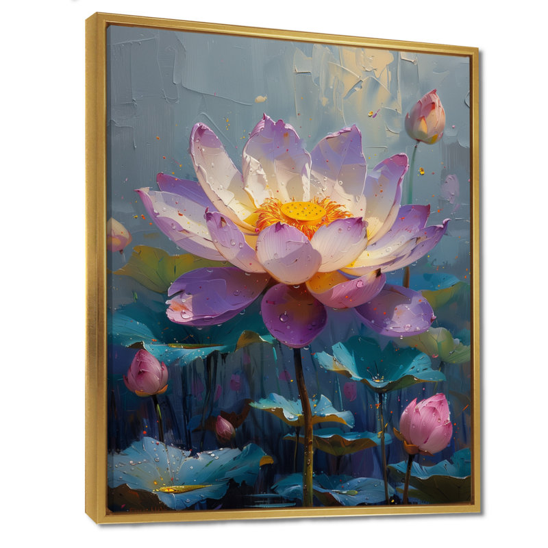 Mauve, gris, lotus, étang, Bloom II - lotus, art mural, H 34 po x l 44 po, Cadre flottant brun
