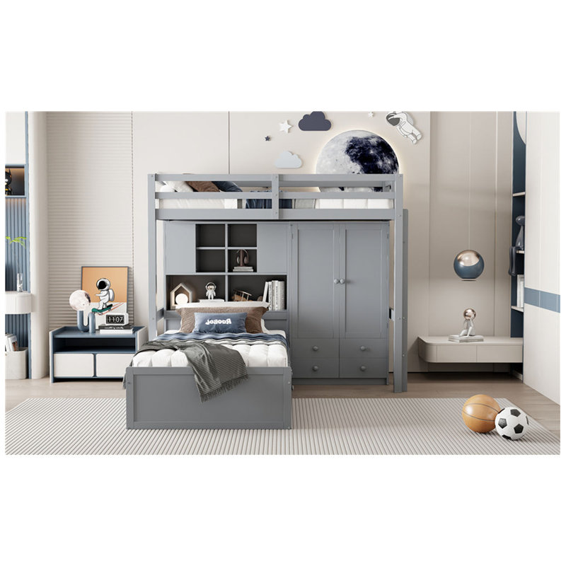 Lit superposé simple avec tiroirs, garde-robe, tablettes de rangement et lit hydraulique, Gris
