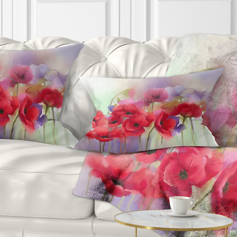 Coussin Watercolor Red Poppy - imprimé floral, Rectangle, 12 po x 20 po