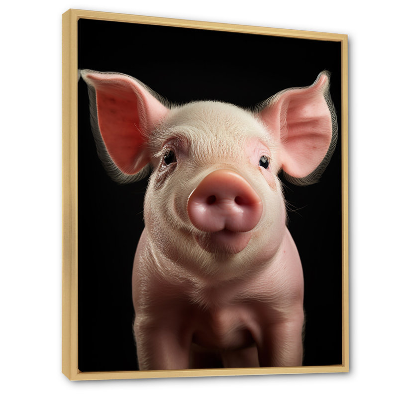 Cochon rose curieux sur toile, Cadre naturel flottant, H 44 po x l 34 po x P 1,5 po