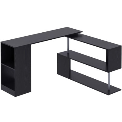Modern L-Shaped Home Office Desk with 3-Tier Storage Shelves, Bookshelf, Black