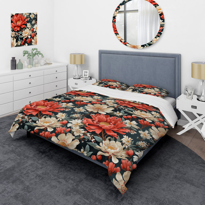 Ensemble de housse de couette Coral Earthy Tones Dahlia Flowers, Housse de couette pour très grand lit et 2 très