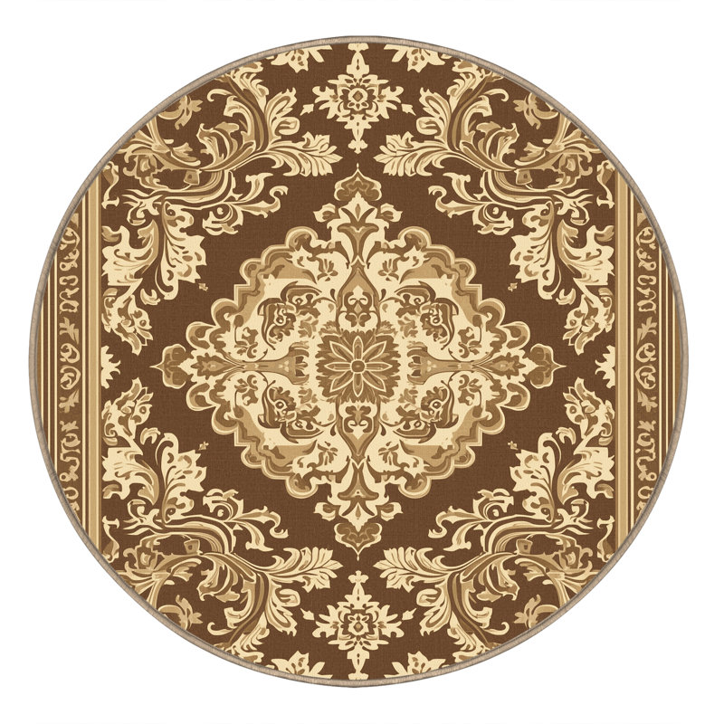 Tapis oriental traditionnel brun et beige lavable à la machine Pantelis, Rond 3 pi