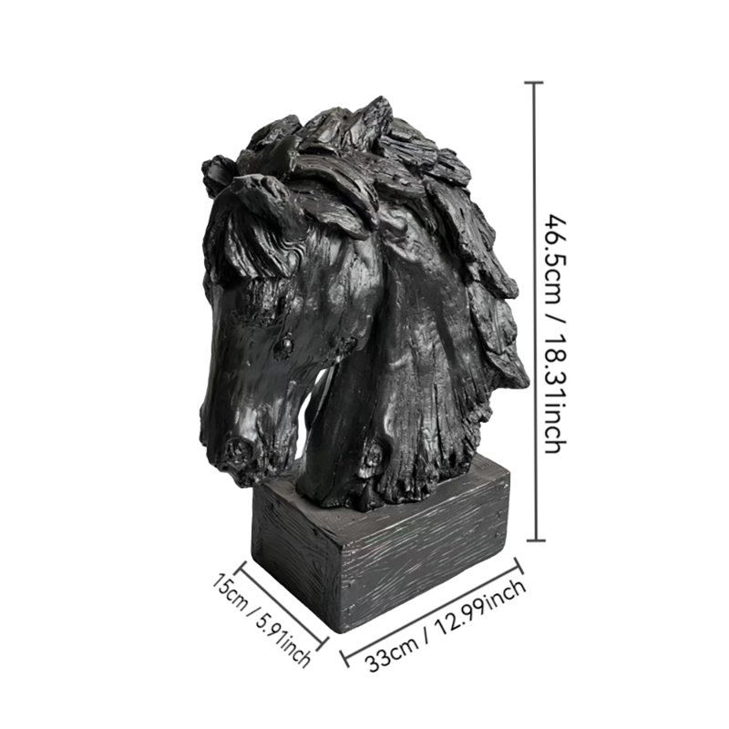 Sculpture tête de cheval rustique avec base, figurines d'animaux de ferme, Noir